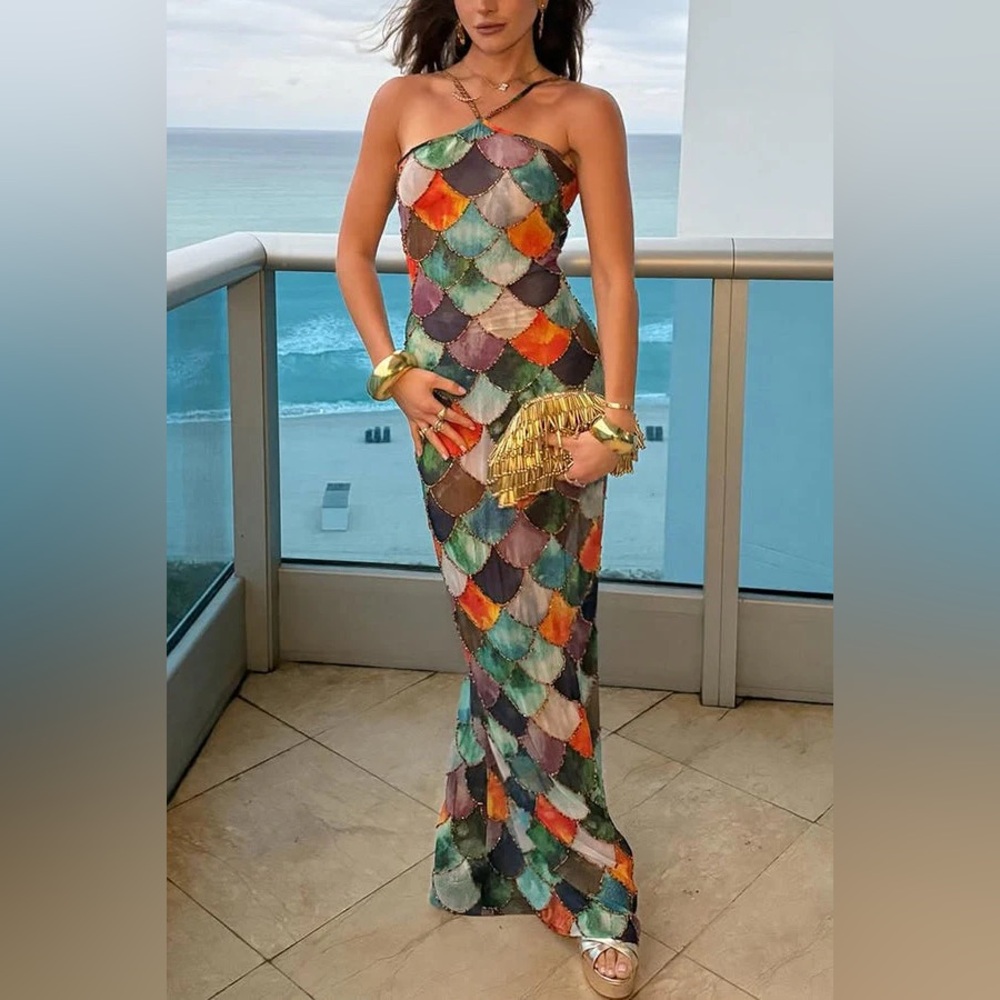 Multicolor Mermaid-Scale Maxi Dress - Strapless Evening Gown
